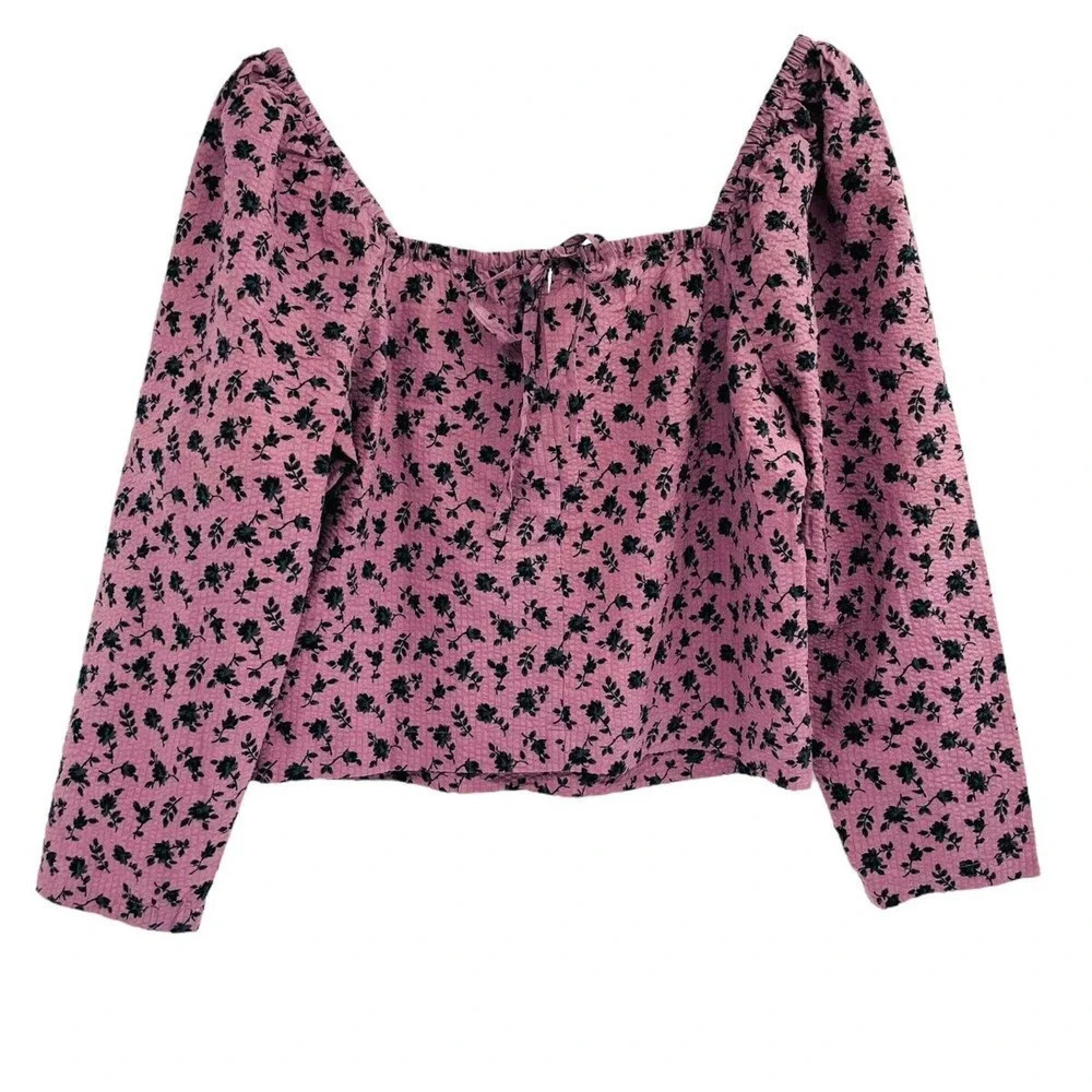 Madewell Women's Shirt S Seersucker Square Neck Floral Blouse Long Sleeve Crop